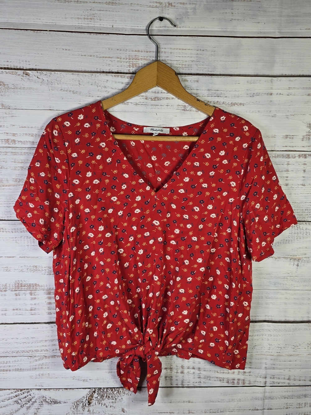 Madewell Red Floral Tie-Front V-Neck Crop Top